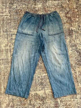 LL Bean Cropped Wide Leg Drawstring Cotton Jeans (Size Small Petite)